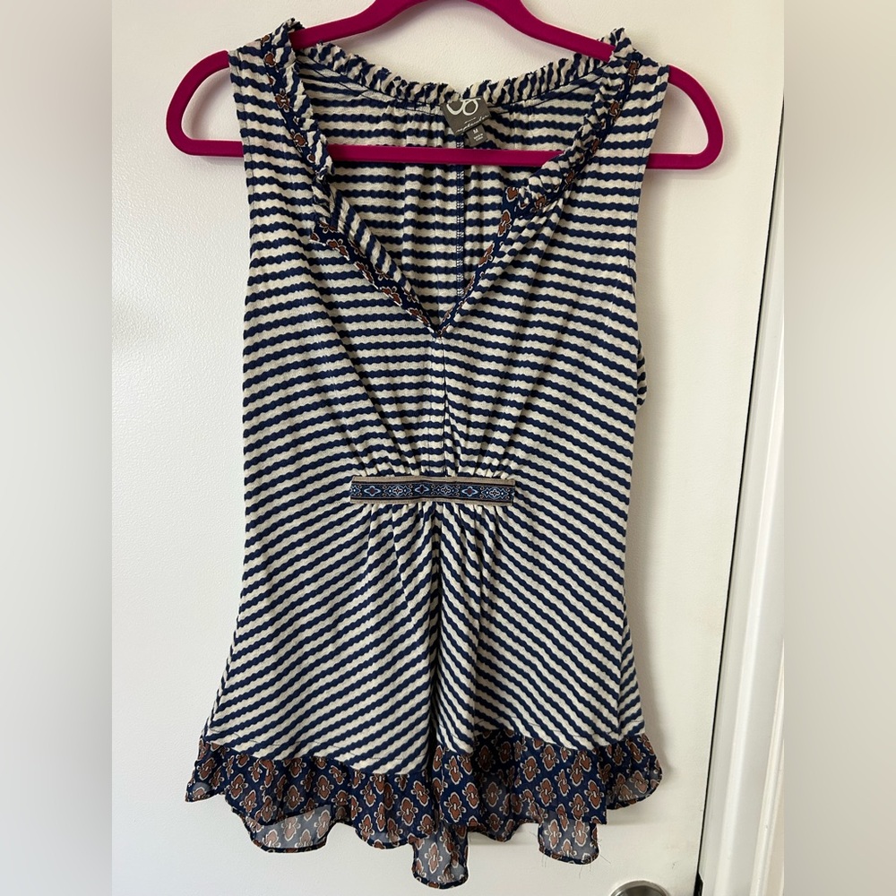 One September Striped Sleeveless Top with ruffle bottom- Blue and White